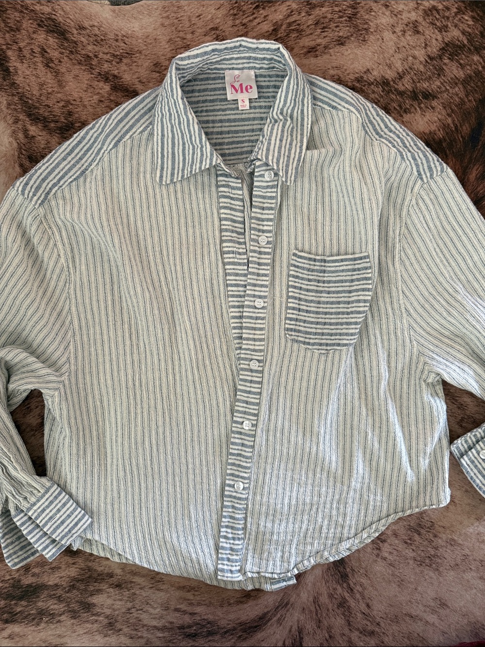 So Me Blue and White Striped Relaxed Button-Down Shirt